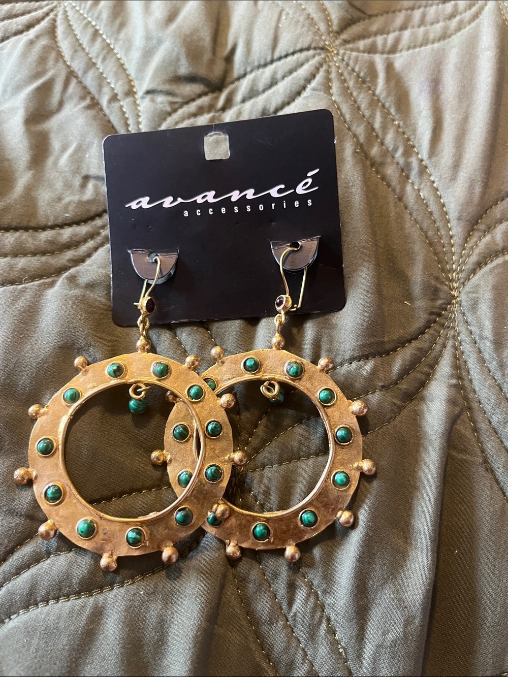 Gold-Tone Hoop Earrings with Green Accents